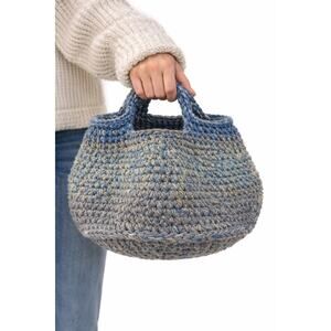1990s Handmade Chunky Wool Knit Basket Bag Blue Grey